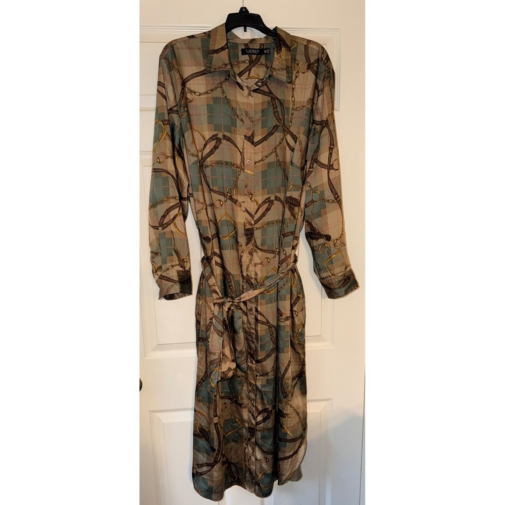 Lauren Ralph Lauren Equestrian Shirt Dress Brown Blue 20W Plus Size LRL 536
